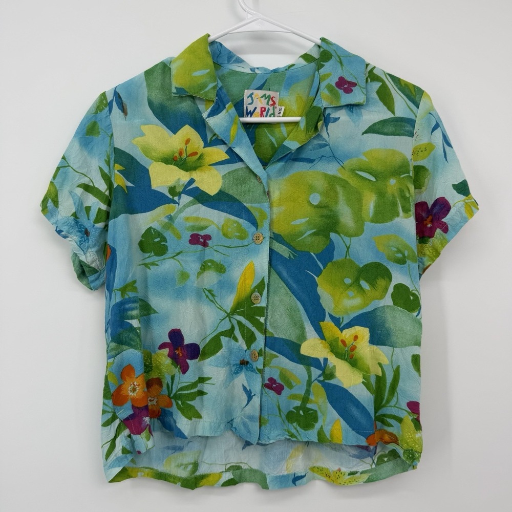 Jams World Tropical Camp Shirt Womens Size XS Fabric Pattern Blue Vintage Beach